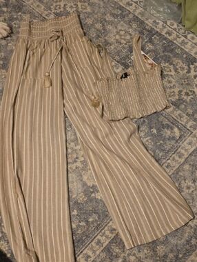 Rewash Beige & White Striped Wide-Leg Pants with Smocked Waist